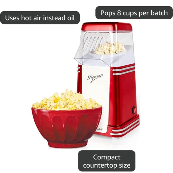 Nostalgia Hot-Air Popcorn Maker, 8 Cups | Retro Red | Oil-Free - Picture 5 of 6